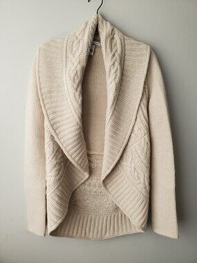 NEW Autumn Cashmere Draped Shawl Collar Open Front Cable Knit Cocoon Cardigan S